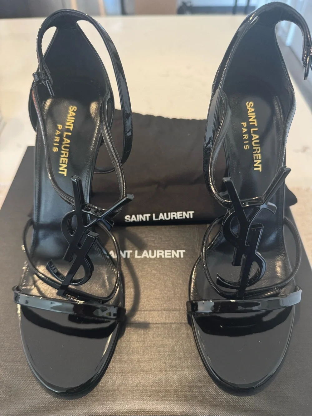 Saint Laurent Black Patent YSL Logo Slingback Heels - Picture 5 of 7